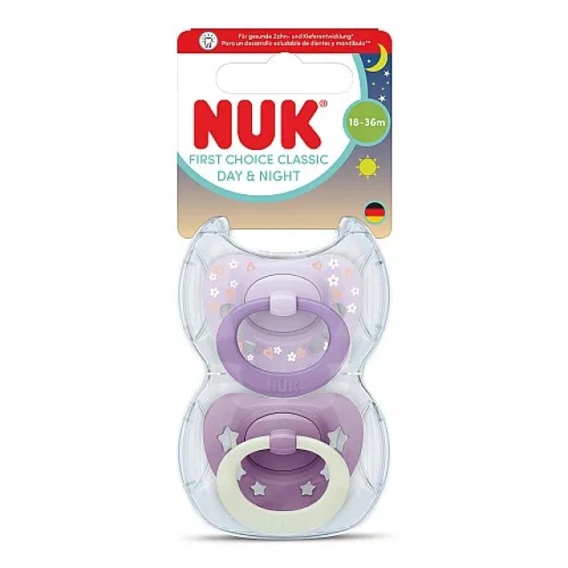 NUK First Choice Classic Day & Night Πιπίλα Σιλικόνης 18-36m Χρώμα Μωβ, 2τμχ