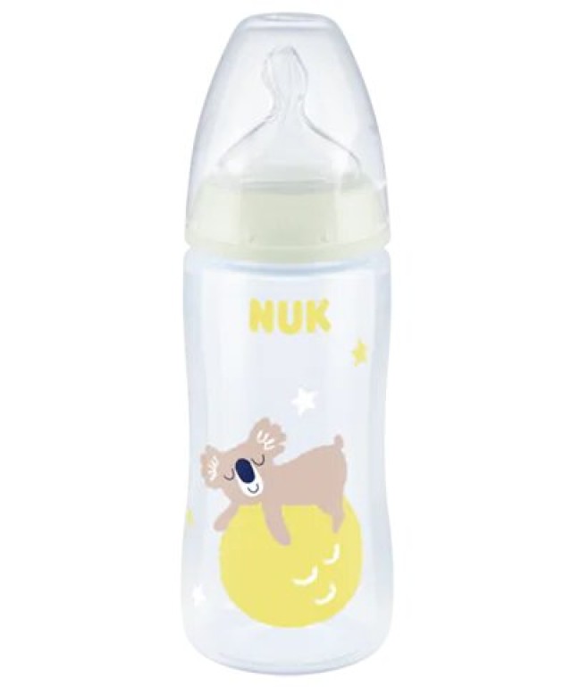 NUK First Choice Plus Night Μπιμπερό Πλαστικό με Δείκτη Ελέγχου Θερμοκρασίας με θηλή σιλικόνης 6-18m (M) 300ml Χρώμα Λευκό Κοάλα, 1τμχ