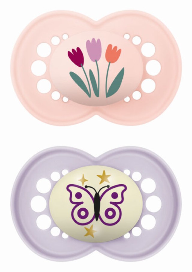 MAM Πιπίλα Day & Night Σιλικόνης 16m+ Χρώμα Ρόζ-Λιλά, 2τμχ