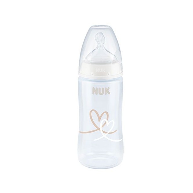 NUK First Choice Plus Μπιμπερό Πλαστικό 6-18m με Δείκτη Ελέγχου Θερμοκρασίας με θηλή σιλικόνης Mεσαίας Οπής 300ml Χρώμα Γκρι Καρδιά, 1τμχ