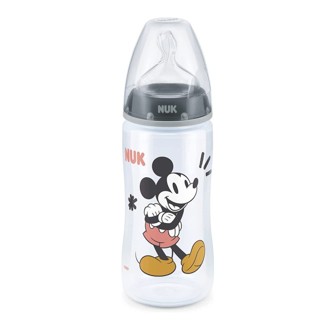 NUK First Choice+ Disney Mickey Mouse Μπιμπερό Πλαστικό 6-18m με Δείκτη Ελέγχου Θερμοκρασίας με θηλή σιλικόνης Mεσαίας Οπής 300ml Χρώμα Γκρι, 1τμχ