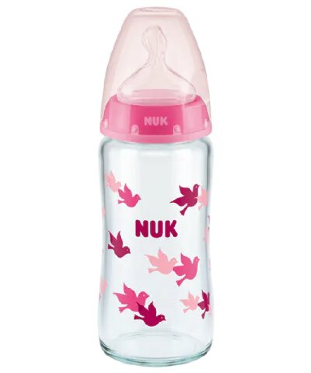 NUK First Choice Plus Μπιμπερό Γυάλινο 0-6m με θηλή σιλικόνης Μεσαία Οπή 240ml Χρώμα Ροζ, 1τμχ