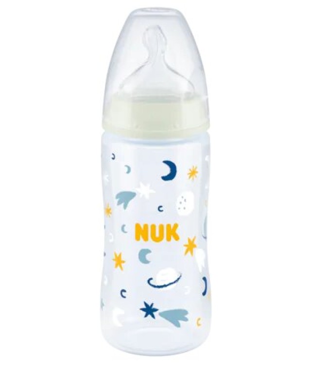 NUK First Choice Plus Night Μπιμπερό Πλαστικό με Δείκτη Ελέγχου Θερμοκρασίας με θηλή σιλικόνης 6-18m (M) 300ml Χρώμα Λευκό, 1τμχ