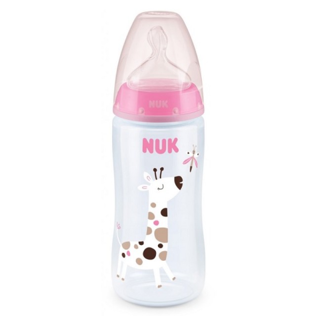 NUK First Choice Plus Μπιμπερό Πλαστικό Με Δείκτη Ελέγχου Θερμοκρασίας με θηλή σιλικόνης 6-18m (M) 300ml Χρώμα Ροζ Καμηλοπάρδαλη, 1τμχ
