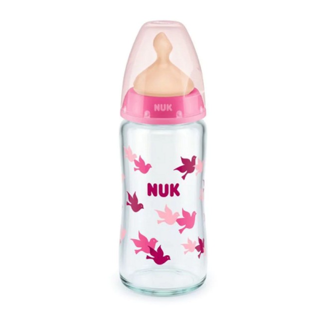 NUK First Choice+ Μπιμπερό Γυάλινο 0-6m με θηλή Καουτσούκ Μεσαίας Οπής 240ml Χρώμα Ροζ, 1τμχ