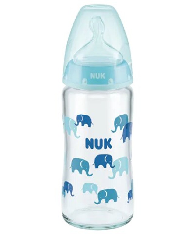 NUK First Choice Plus Μπιμπερό Γυάλινο 0-6m με θηλή σιλικόνης Μεσαία Οπή 240ml Χρώμα Μπλε, 1τμχ