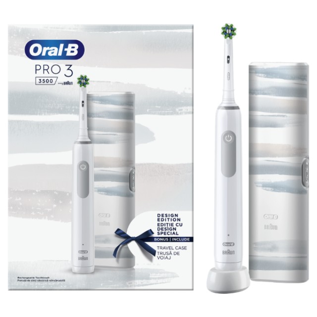 Oral-B Pro 3 3500 White Design Edition Επαναφορτιζόμενη Ηλεκτρική Οδοντόβουρτσα Χρώμα Λευκό με Θήκη Ταξιδίου, 1τμχ