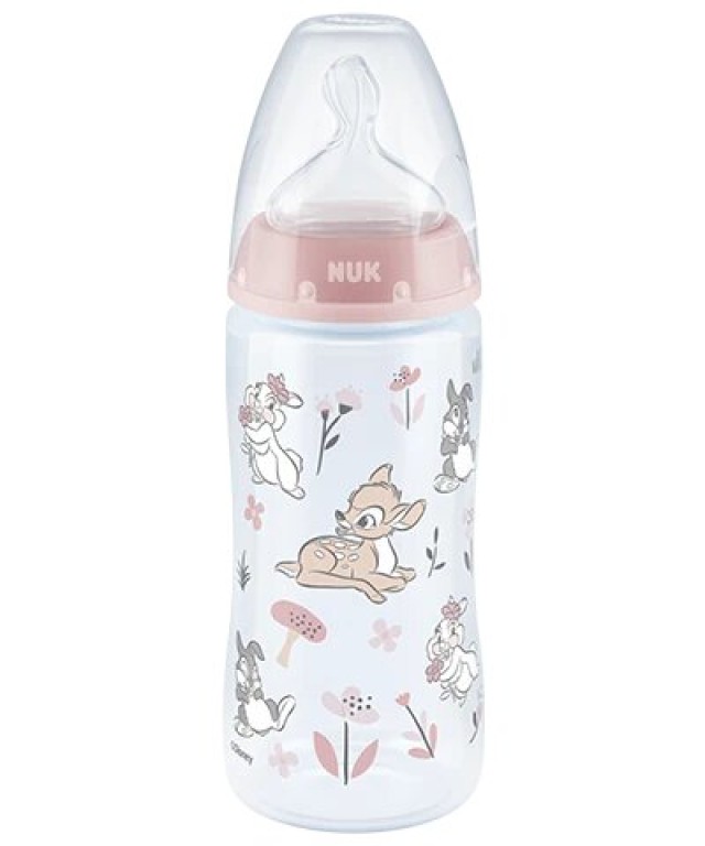 NUK First Choice+ Disney Bambi Μπιμπερό Πλαστικό 6-18m με Δείκτη Ελέγχου Θερμοκρασίας με θηλή σιλικόνης Μεσαίας Οπής 300ml Χρώμα Ροζ, 1τμχ