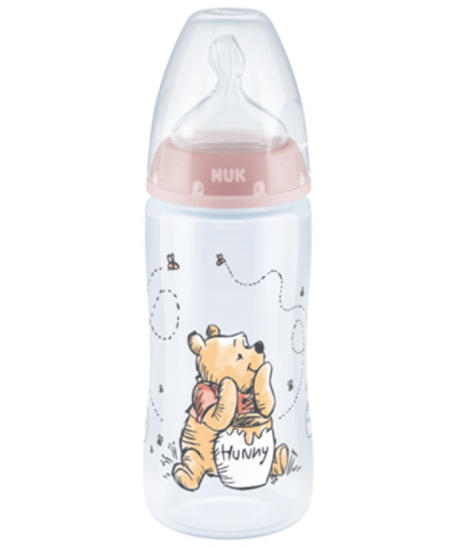 NUK First Choice+ Disney Winnie the Pooh Μπιμπερό Πλαστικό 0-6m με Δείκτη Ελέγχου Θερμοκρασίας με θηλή σιλικόνης Μεσαίας Οπής 300ml Χρώμα Ροζ, 1τμχ