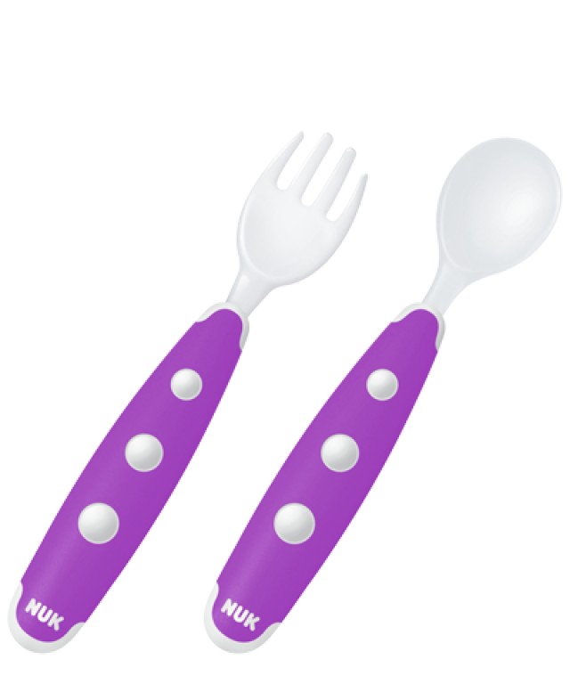NUK Mini Cutlery Set Εκπαιδευτικό Σετ Κουτάλι-Πιρούνι 8m+ Χρώμα Μωβ, 2τμχ