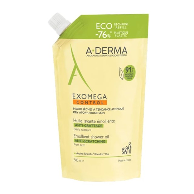 A-Derma Exomega Control Emollient Shower Oil Refill Μαλακτικό Λάδι Καθαρισμού για Ατοπικό Δέρμα, 500ml